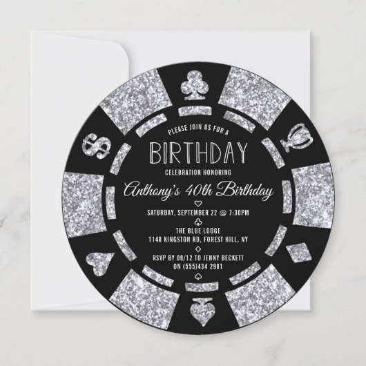 Silver Glitter Poker Chip Casino Verjaardagsfeest Kaart (Voorkant)