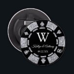Silver Glitter Poker Chip Casino Wedding Favor Button Flesopener<br><div class="desc">Celebrate in style with this trendy poker chip bottle opener. The design is easy to personalize with your own wording and your family and friends will be thrilled when they receive this fabulous party favor.</div>