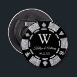 Silver Glitter Poker Chip Casino Wedding Favor Button Flesopener<br><div class="desc">Celebrate in style with this trendy poker chip bottle opener. The design is easy to personalize with your own wording and your family and friends will be thrilled when they receive this fabulous party favor.</div>