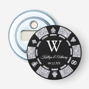 Silver Glitter Poker Chip Casino Wedding Favor Button Flesopener
