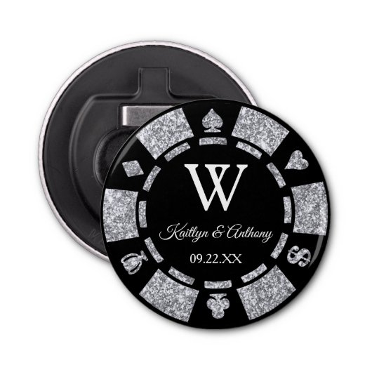 Silver Glitter Poker Chip Casino Wedding Favor Button Flesopener (Voorkant)