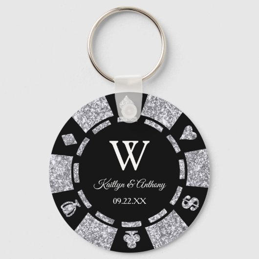 Silver Glitter Poker Chip Casino Wedding Favor Sleutelhanger (Voorkant)