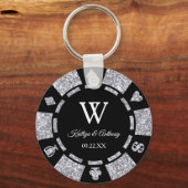Silver Glitter Poker Chip Casino Wedding Favor Sleutelhanger (Voorkant)