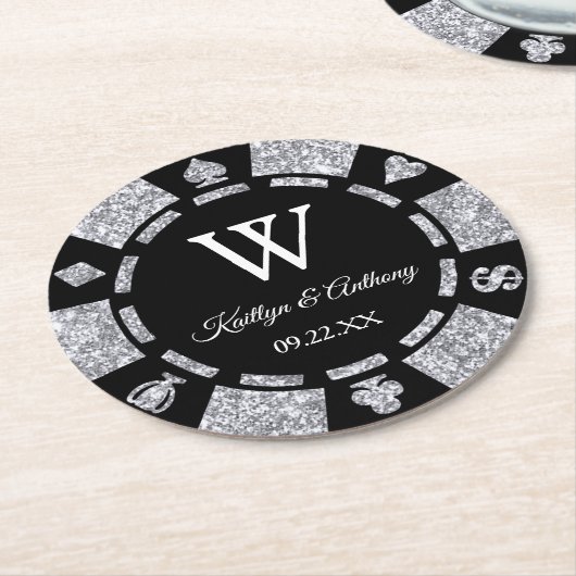 Silver Glitter Poker Chip Casino Wedding Ronde Kartonnen Onderzetter (Gebogen)