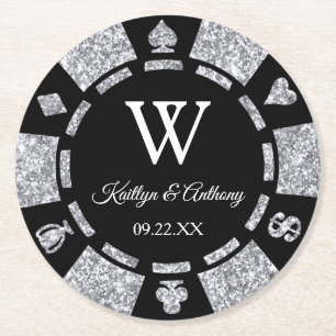 Silver Glitter Poker Chip Casino Wedding Ronde Kartonnen Onderzetter