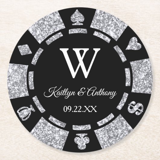 Silver Glitter Poker Chip Casino Wedding Ronde Kartonnen Onderzetter (Voorkant)