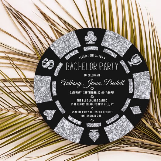 Silver Glitter Poker Chip Las Vegas Bachelor Party Kaart