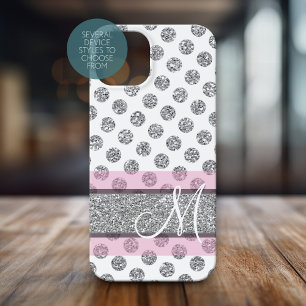 Silver Glitter Polka Dot Pattern met Monogram iPhone 15 Case