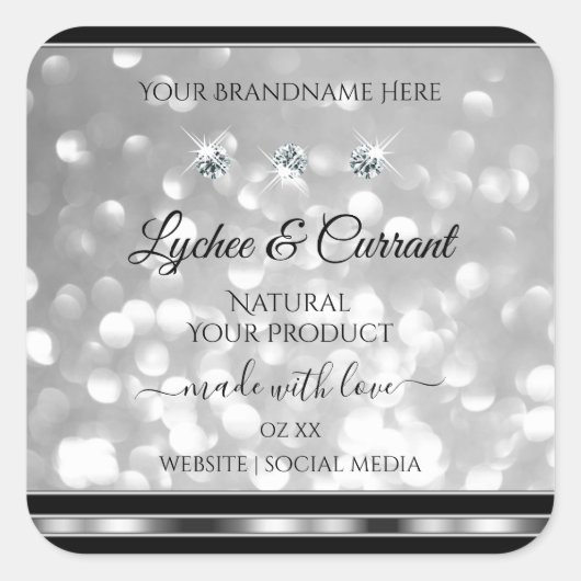 Silver Glitter Product Labels mousserende diamante (Voorkant)