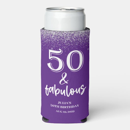 Silver Glitter Purple 50th Birthday Party Seltzer Blikjeskoeler (Seltzer Voorkant)