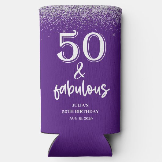 Silver Glitter Purple 50th Birthday Party  Seltzer Blikjeskoeler (Achterkant)