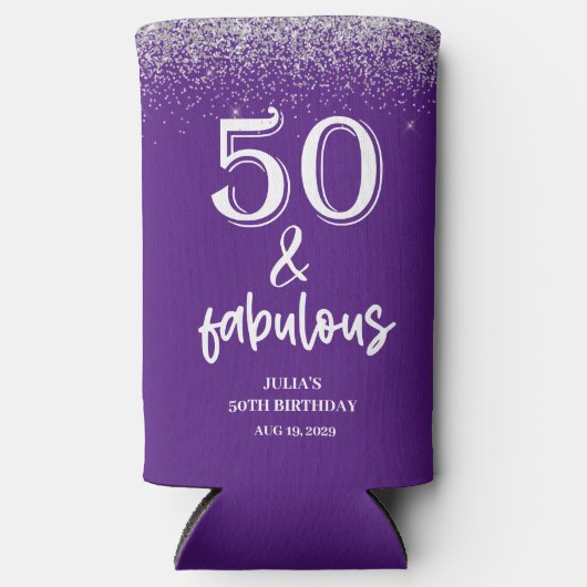 Silver Glitter Purple 50th Birthday Party  Seltzer Blikjeskoeler (Voorkant)