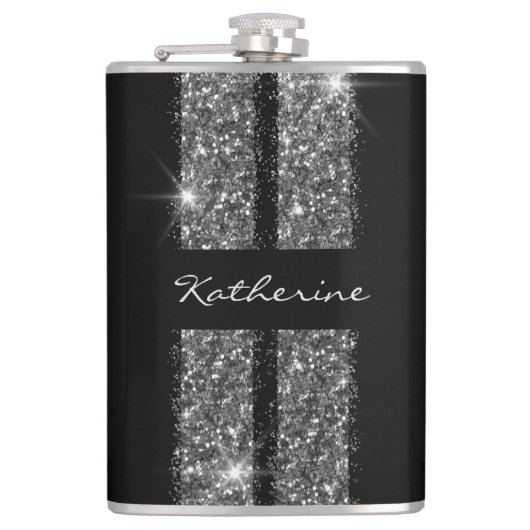 Silver Glitter Race Stripe Aangepast, aangepast Heupfles (Voorkant)