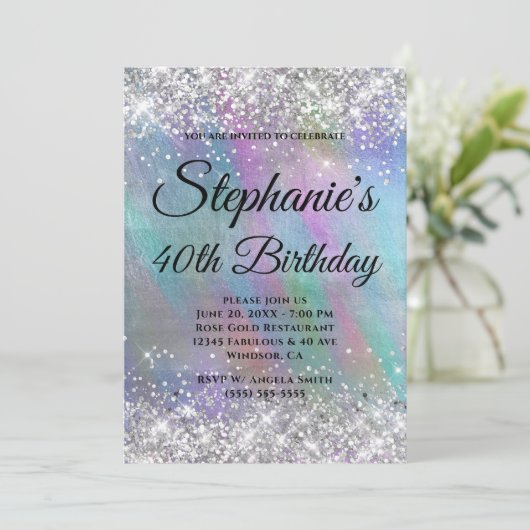 Silver Glitter Rainbow Iridescent Folie Monogram Kaart (Staand voorkant)