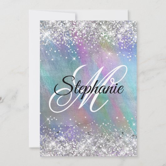 Silver Glitter Rainbow Iridescent Folie Monogram Kaart (Achterkant)