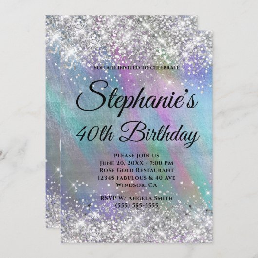 Silver Glitter Rainbow Iridescent Folie Monogram Kaart (Voorkant / Achterkant)