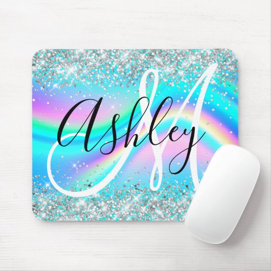 Silver Glitter Rainbow Wave Aqua Ombre Monogram Muismat (Met muis)