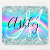 Silver Glitter Rainbow Wave Aqua Ombre Monogram Muismat (Voorkant)