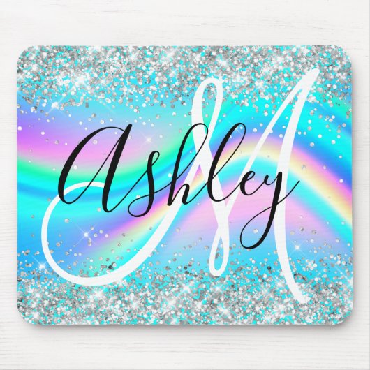 Silver Glitter Rainbow Wave Aqua Ombre Monogram Muismat (Voorkant)