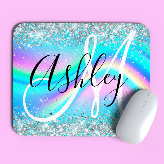 Silver Glitter Rainbow Wave Aqua Ombre Monogram Muismat