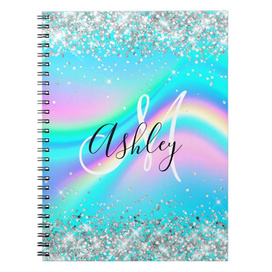 Silver Glitter Rainbow Wave Aqua Ombre Monogram Notitieboek (Voorkant)