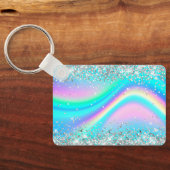 Silver Glitter Rainbow Wave Aqua Ombre Monogram Sleutelhanger (Achterkant)