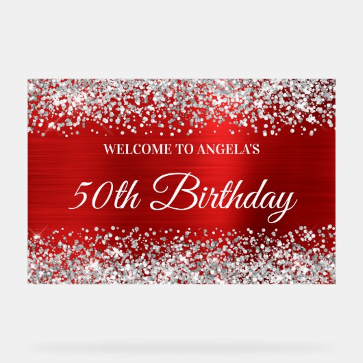 Silver Glitter Red 50th Birthday Welkom Acryl Bord (Voorkant)