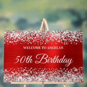 Silver Glitter Red 50th Birthday Welkom Acryl Bord (Neutraal)