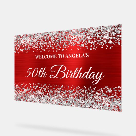 Silver Glitter Red 50th Birthday Welkom Acryl Bord (Hoek)