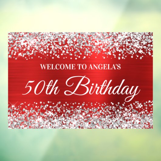 Silver Glitter Red 50th Birthday Welkom Raamsticker (Vel 3)