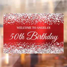 Silver Glitter Red 50th Birthday Welkom Raamsticker
