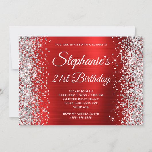 Silver Glitter Red Fancy Monogram 21st verjaardag Kaart (Voorkant)