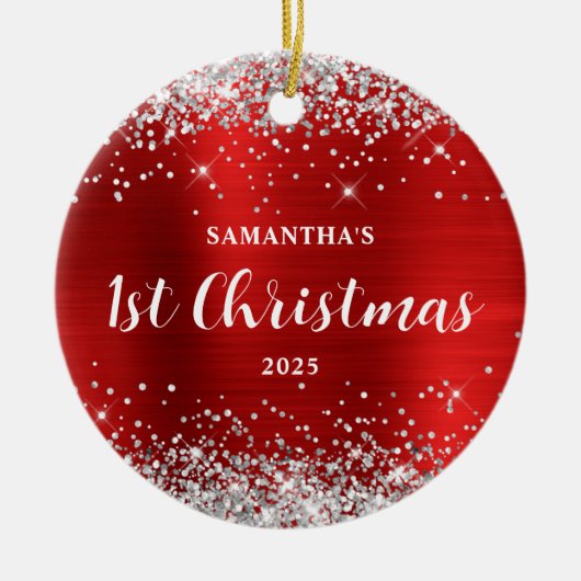 Silver Glitter Red Foil 1st Christmas Keramisch Ornament (Voorkant)