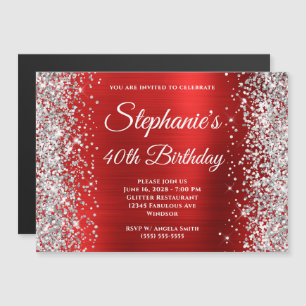 Silver Glitter Red Folie 40th Birthday Magnetische Uitnodiging