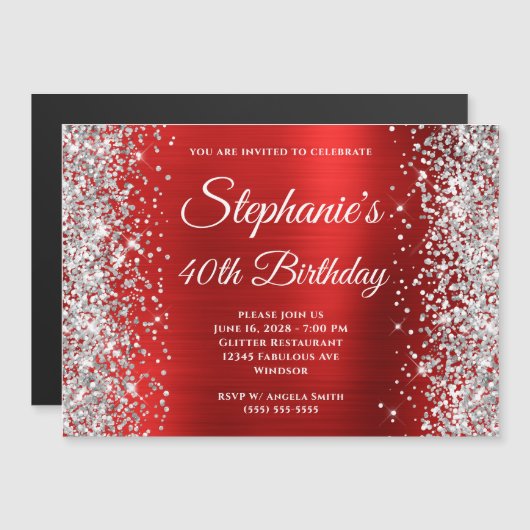 Silver Glitter Red Folie 40th Birthday Magnetische Uitnodiging (Voorkant / Achterkant)
