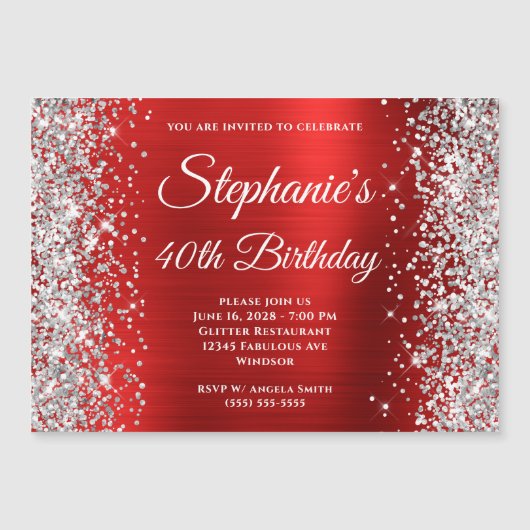 Silver Glitter Red Folie 40th Birthday Magnetische Uitnodiging (Voorkant)