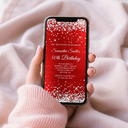 Silver Glitter Red Folie 50th Birthday Kaart