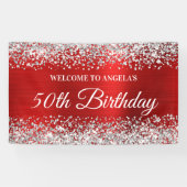 Silver Glitter Red Folie 50th Birthday Welcome Spandoek (Horizontaal)