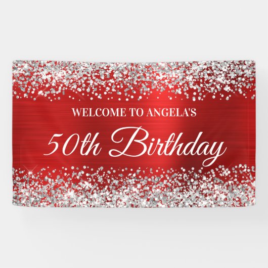 Silver Glitter Red Folie 50th Birthday Welcome Spandoek (Horizontaal)