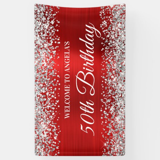Silver Glitter Red Folie 50th Birthday Welcome Spandoek (Verticaal)