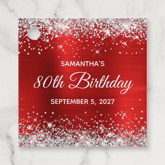 Silver Glitter Red Folie 80th Birthday Bedankjes Labels (Voorkant)