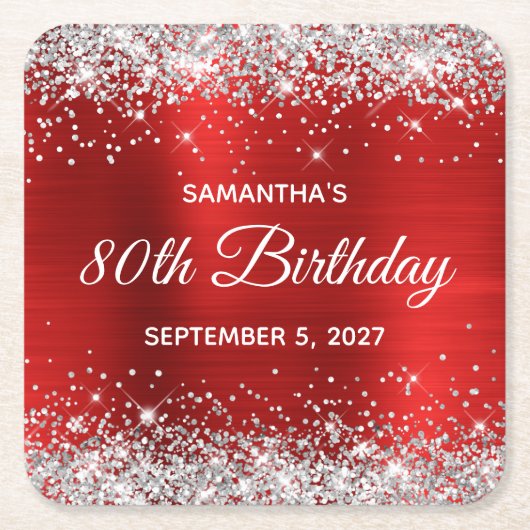 Silver Glitter Red Folie 80th Birthday Kartonnen Onderzetters (Voorkant)