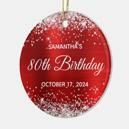 Silver Glitter Red Folie 80th Birthday Keramisch Ornament (Links)