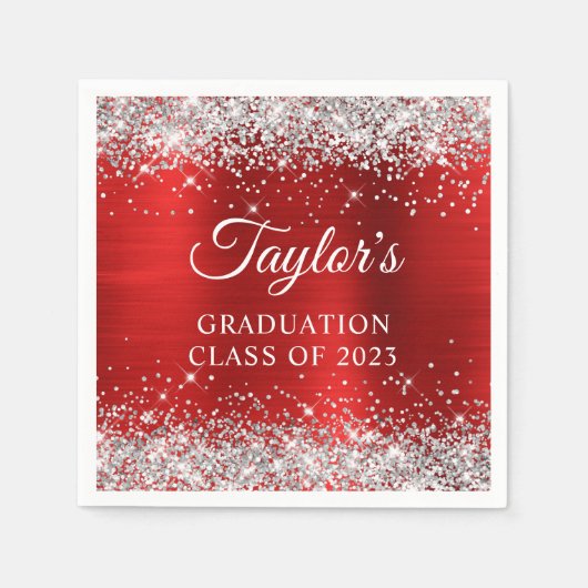 Silver Glitter Red Folie Afstuderen Servet (Voorkant)