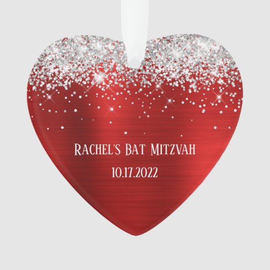 Silver Glitter Red Folie Bat Mitzvah Heart Ornament (voorkant)
