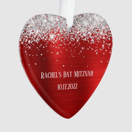 Silver Glitter Red Folie Bat Mitzvah Heart Ornament (voorkant)