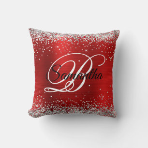 Silver Glitter Red Folie Fancy Monogram Kussen
