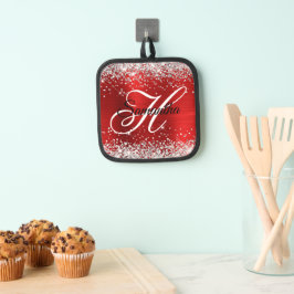 Silver Glitter Red Folie Fancy Monogram Pannenlap