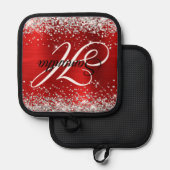 Silver Glitter Red Folie Fancy Monogram Pannenlap (Voorkant / Achterkant)