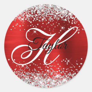 Silver Glitter Red Folie Fancy Monogram Ronde Sticker